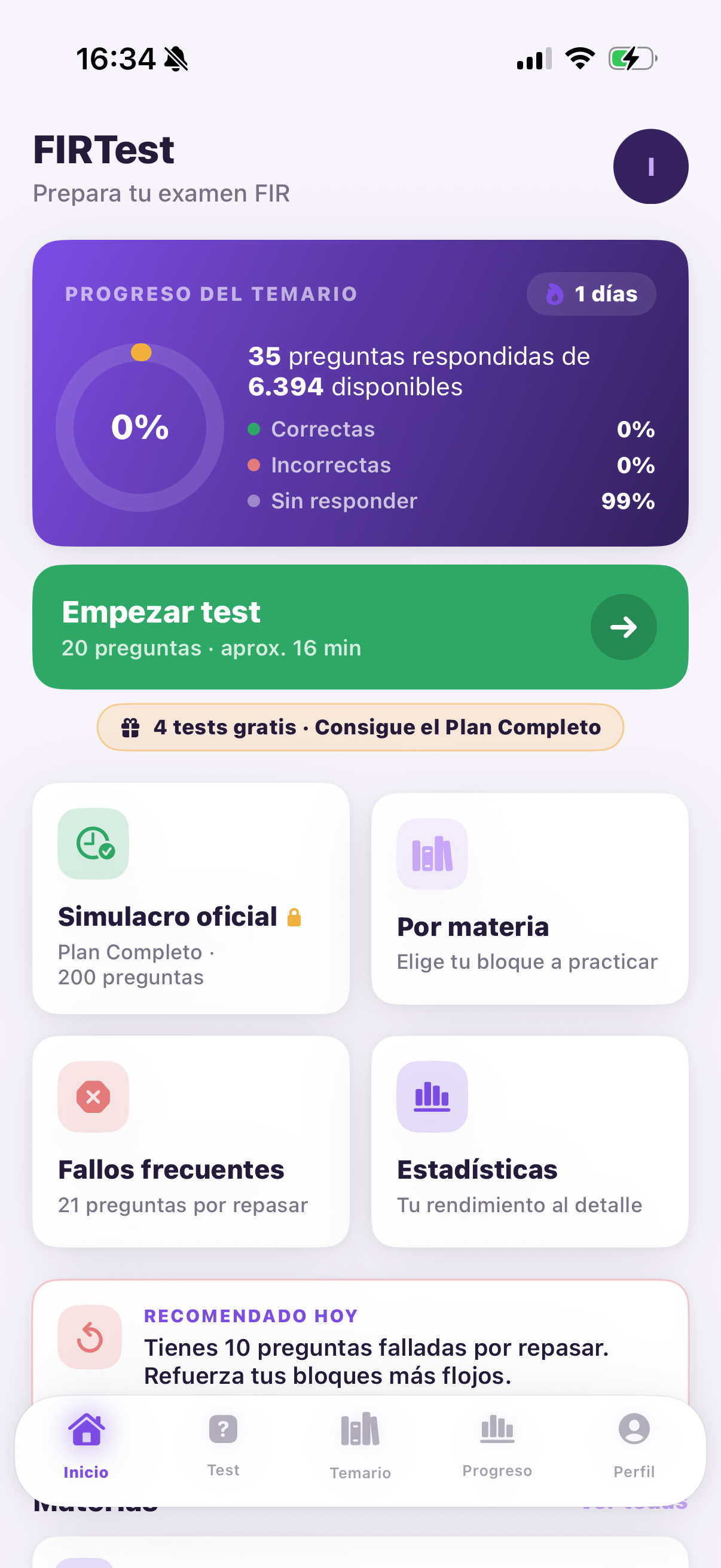 Pantalla de inicio de FIRTest con el progreso del temario