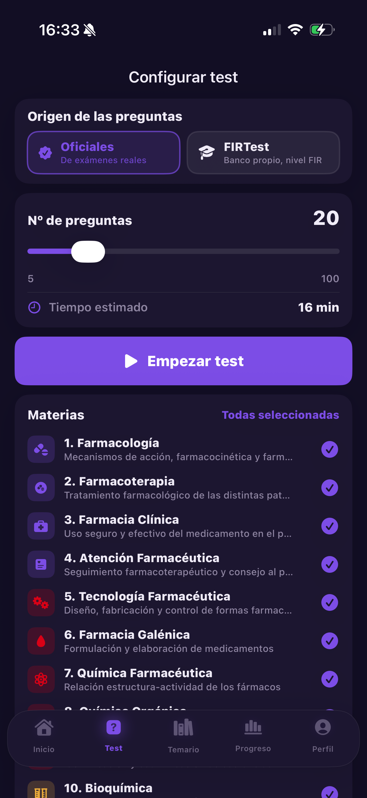 Configurar un test eligiendo bloques en modo oscuro