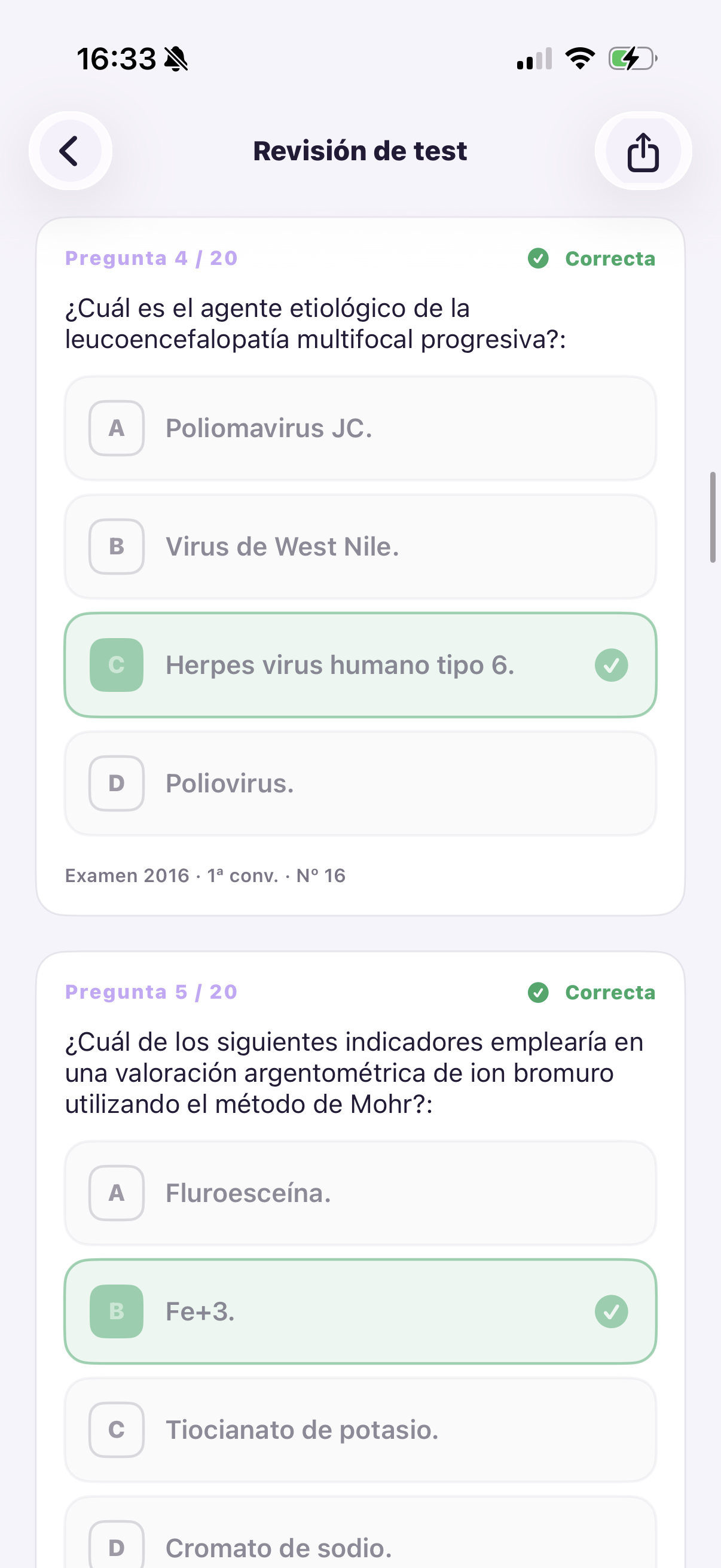 Revisión de test con respuestas correctas