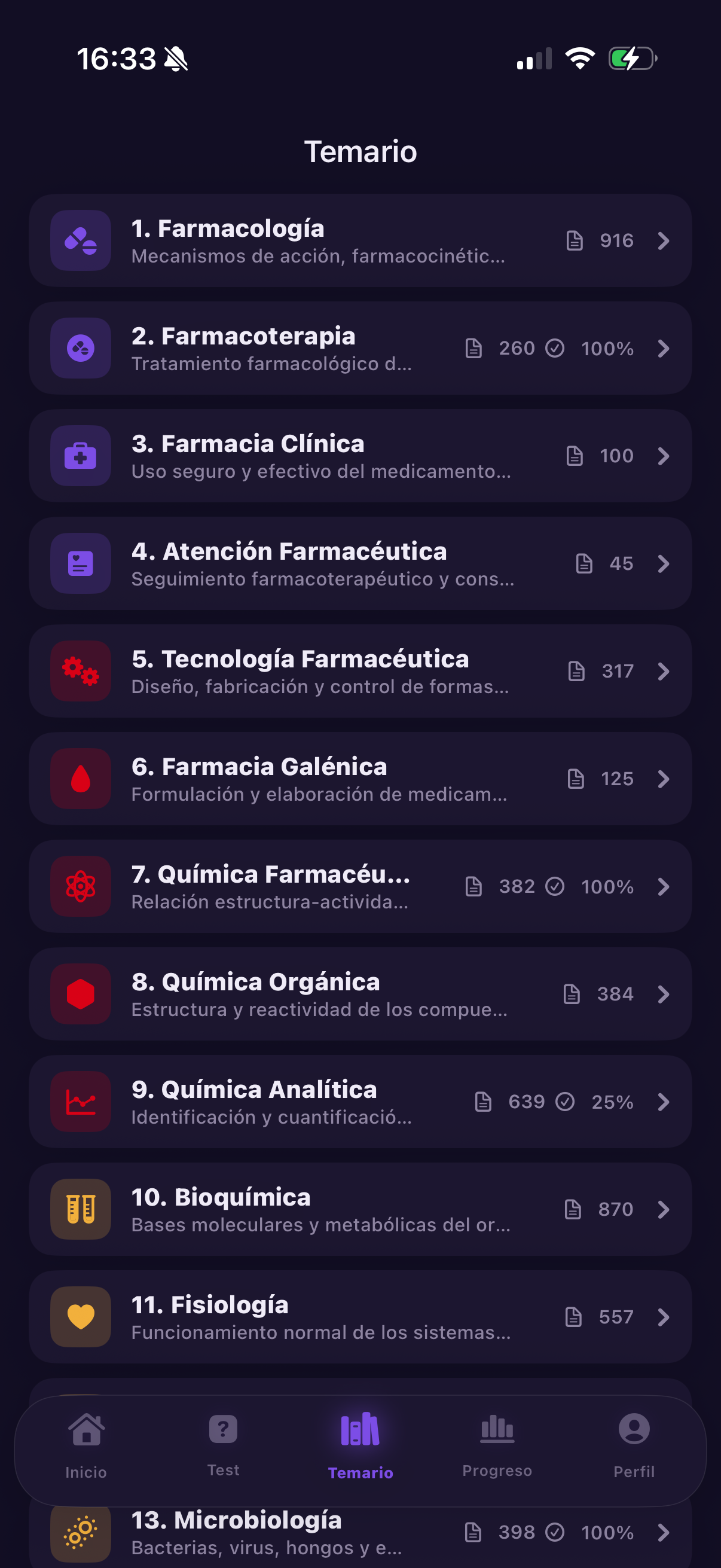 Temario con los 21 bloques del FIR en modo oscuro